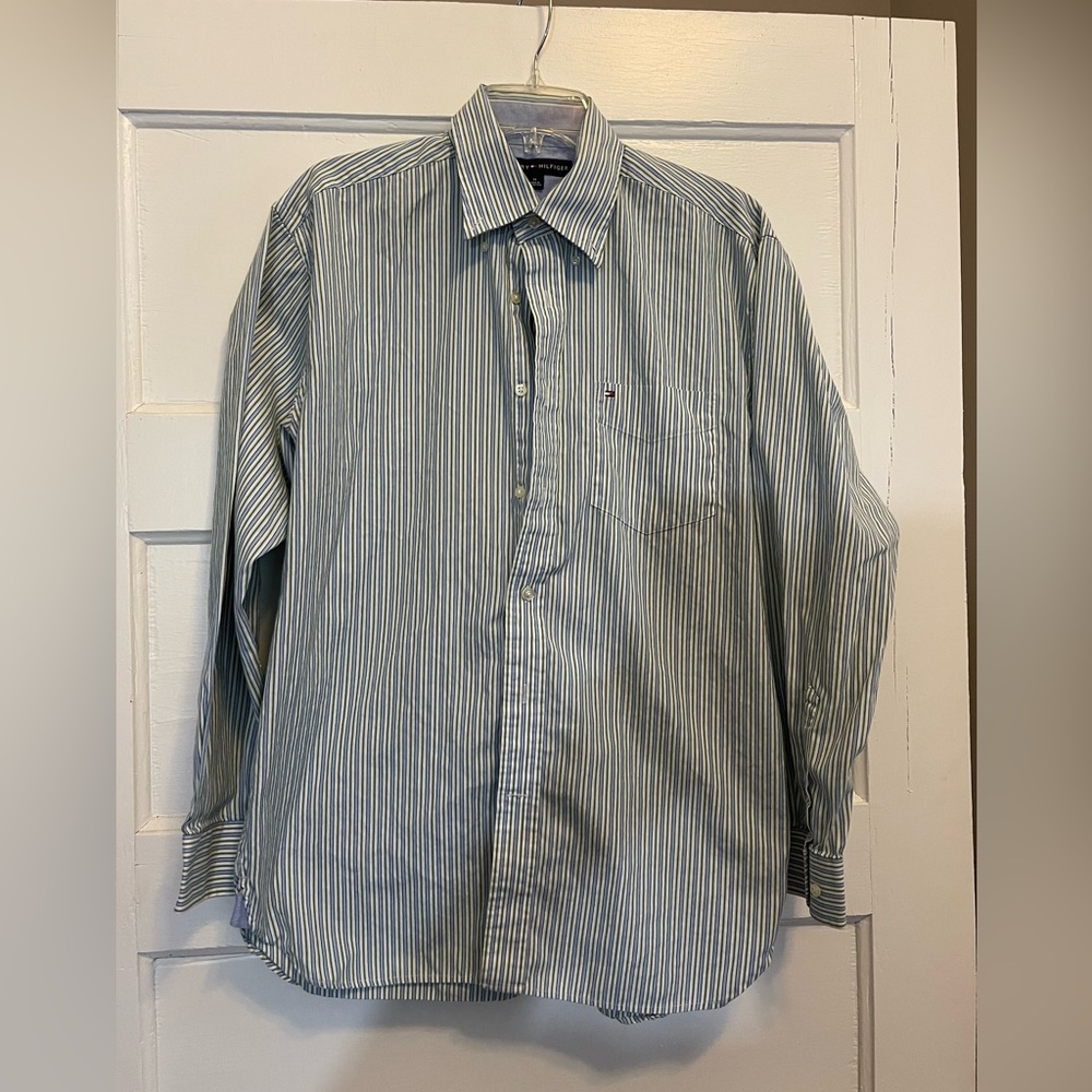 Men’s Blue,Yellow and White Striped Tommy Hilfiger Shirt Size Medium